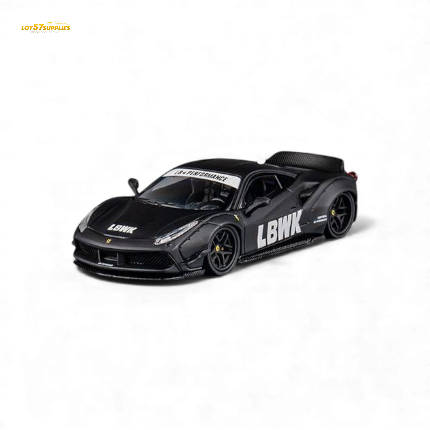 Black Ferrari 488 LB Works diecast model by Lot57Supplies, detailed 1:64 scale collector's toy with sleek design.