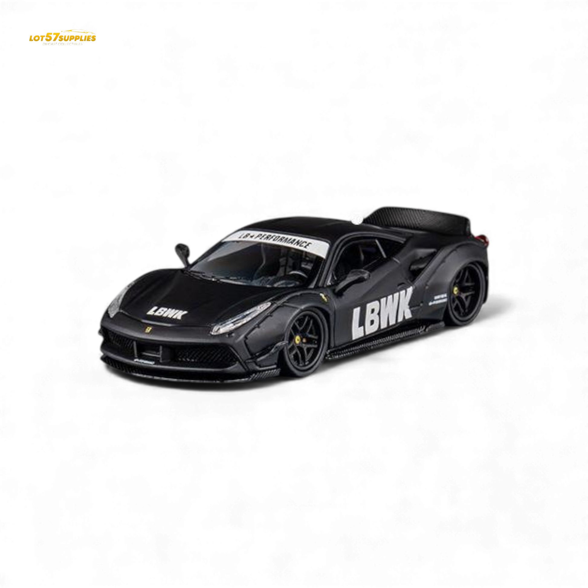 Black Ferrari 488 LB Works diecast model by Lot57Supplies, detailed 1:64 scale collector's toy with sleek design.