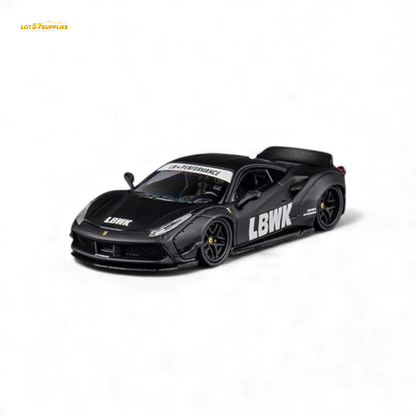 Black Ferrari 488 LB Works diecast model by Lot57Supplies, detailed 1:64 scale collector's toy with sleek design.