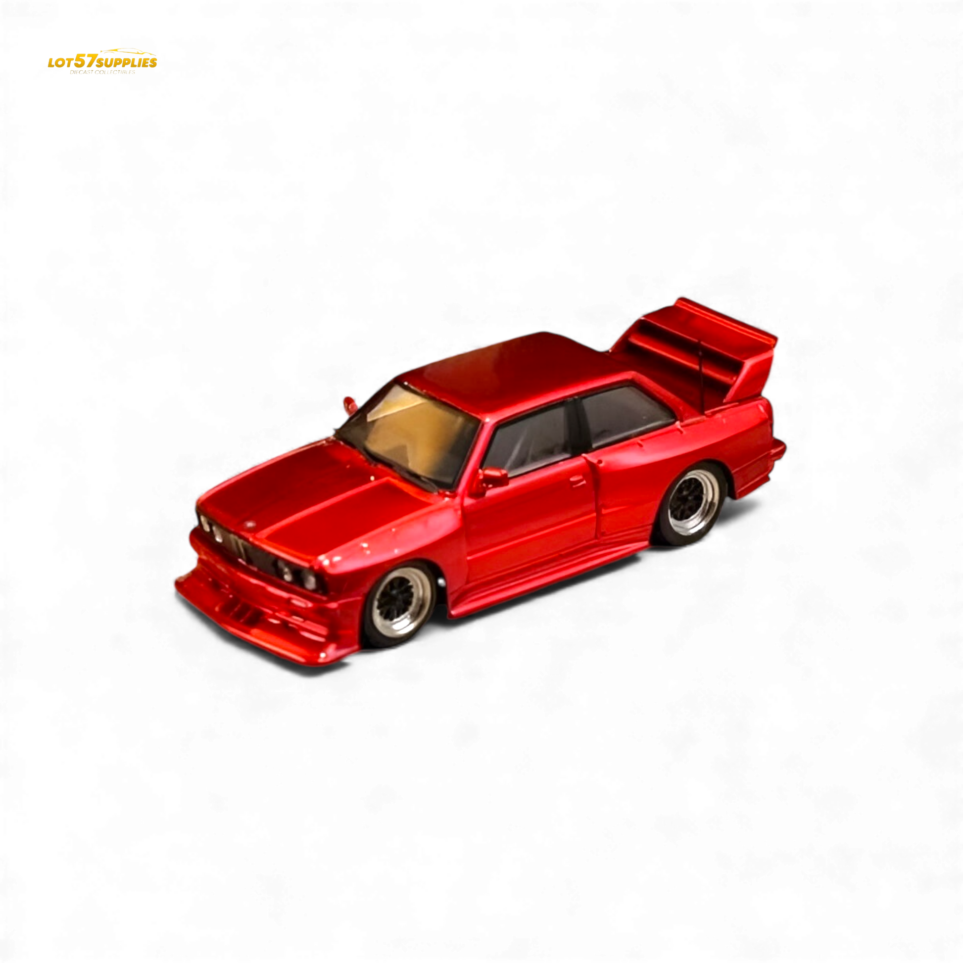 Red SW BMW E30 M3 diecast model in 1:64 scale with LTO modifications, detailed black interior and silver wheels.