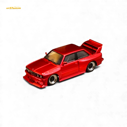 Red SW BMW E30 M3 diecast model in 1:64 scale with LTO modifications, detailed black interior and silver wheels.