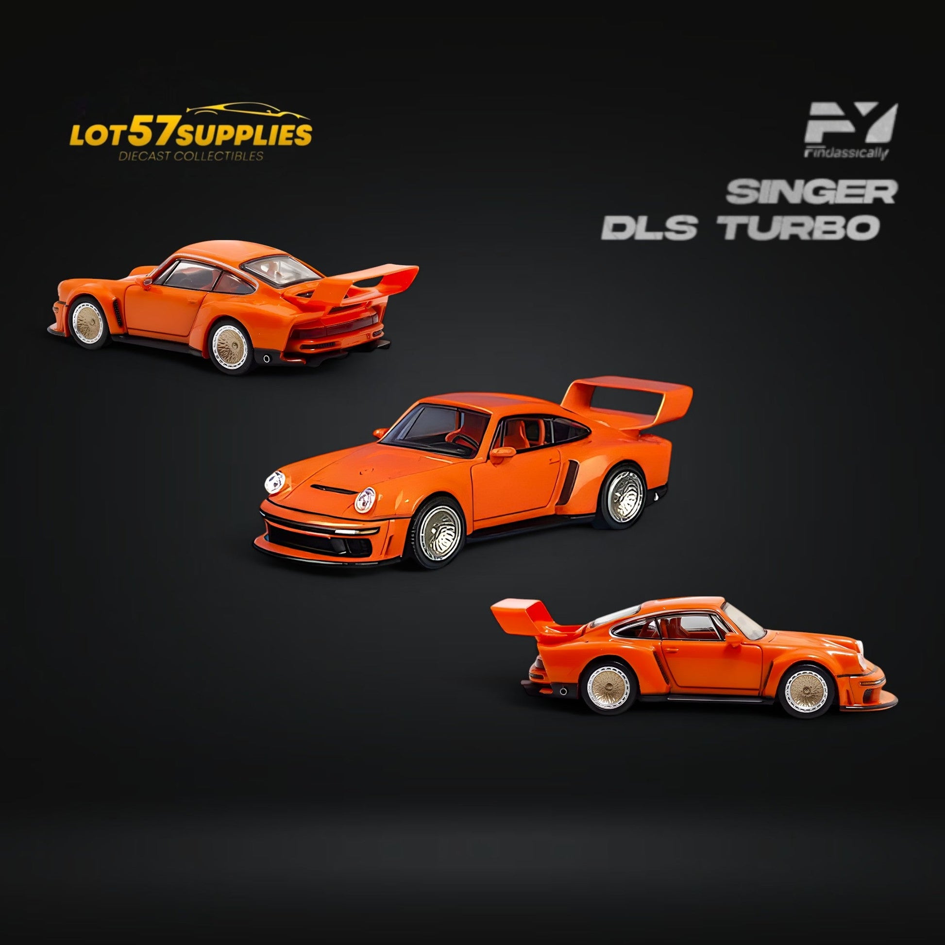 Orange Porsche Singer DLS Turbo diecast model in 1:64 scale by Lot57Supplies Diecast Shop, detailed view from side angle.