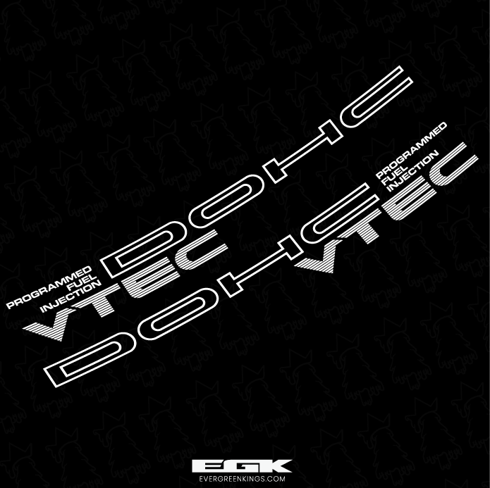 Pair of Evergreen Kings DOHC VTEC PFI door decals, 20x2.5 inches, for vehicle customization with detailed black and silver design.