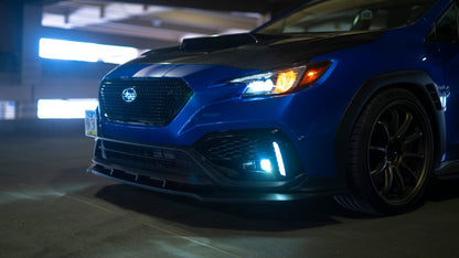 OLM RD1 Style matte black ABS front lip for 2022+ Subaru WRX, 3-piece design enhances sporty front bumper appearance.