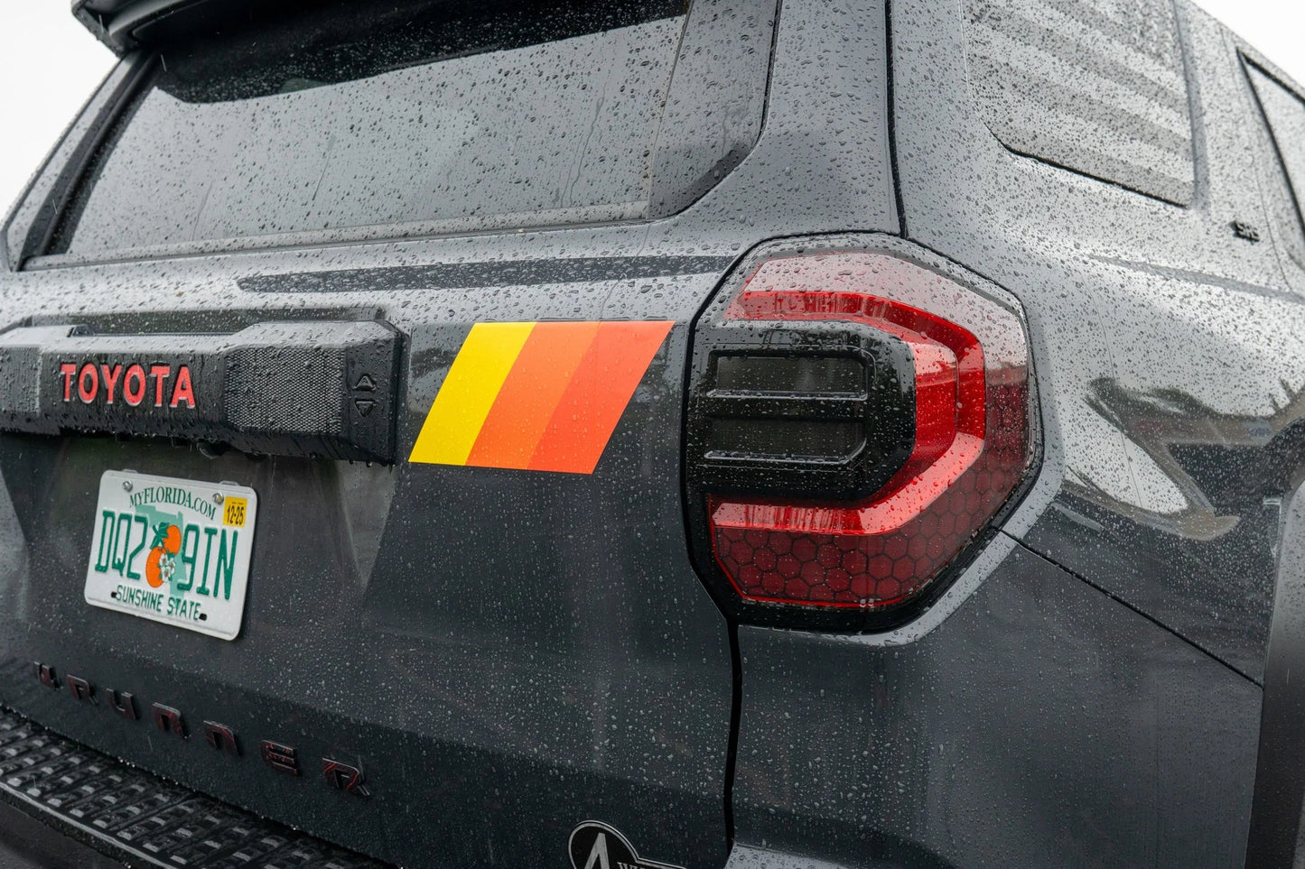 Heritage Retro TRD Style Liftgate Stripes vinyl decal on 2025+ Toyota 4Runner exterior, featuring bold retro-inspired design.