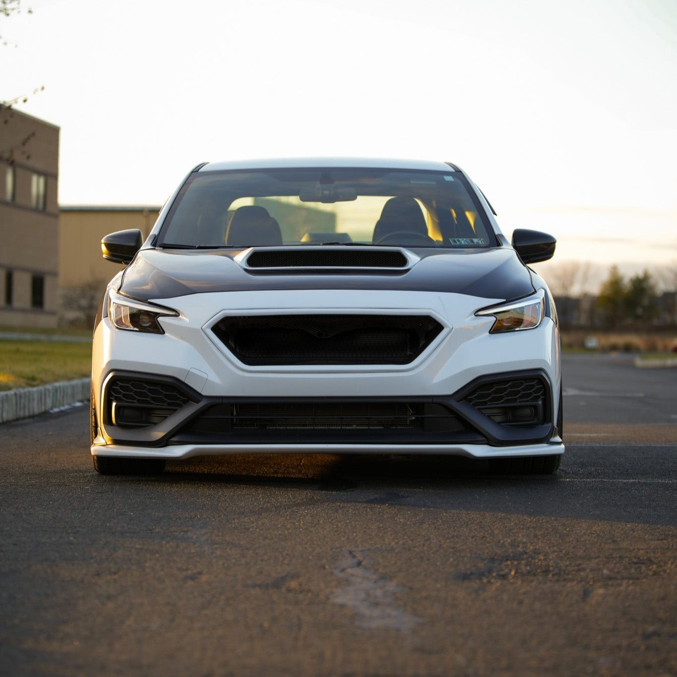 JDMuscle custom front bumper grille for 2022-2025 Subaru WRX, CS Style V1, painted and gloss black, featuring a sleek automotive design.