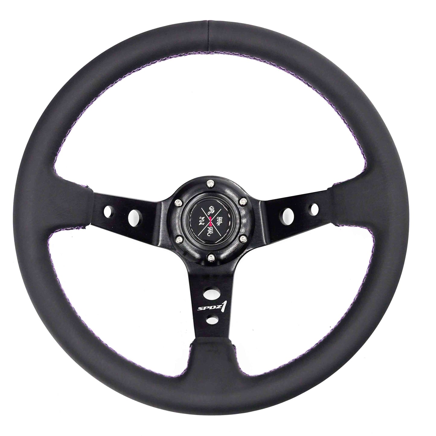Purple lined steering wheel by Speedzone Performance LLC, showcasing a sleek, ergonomic design for vehicle interior enhancement.
