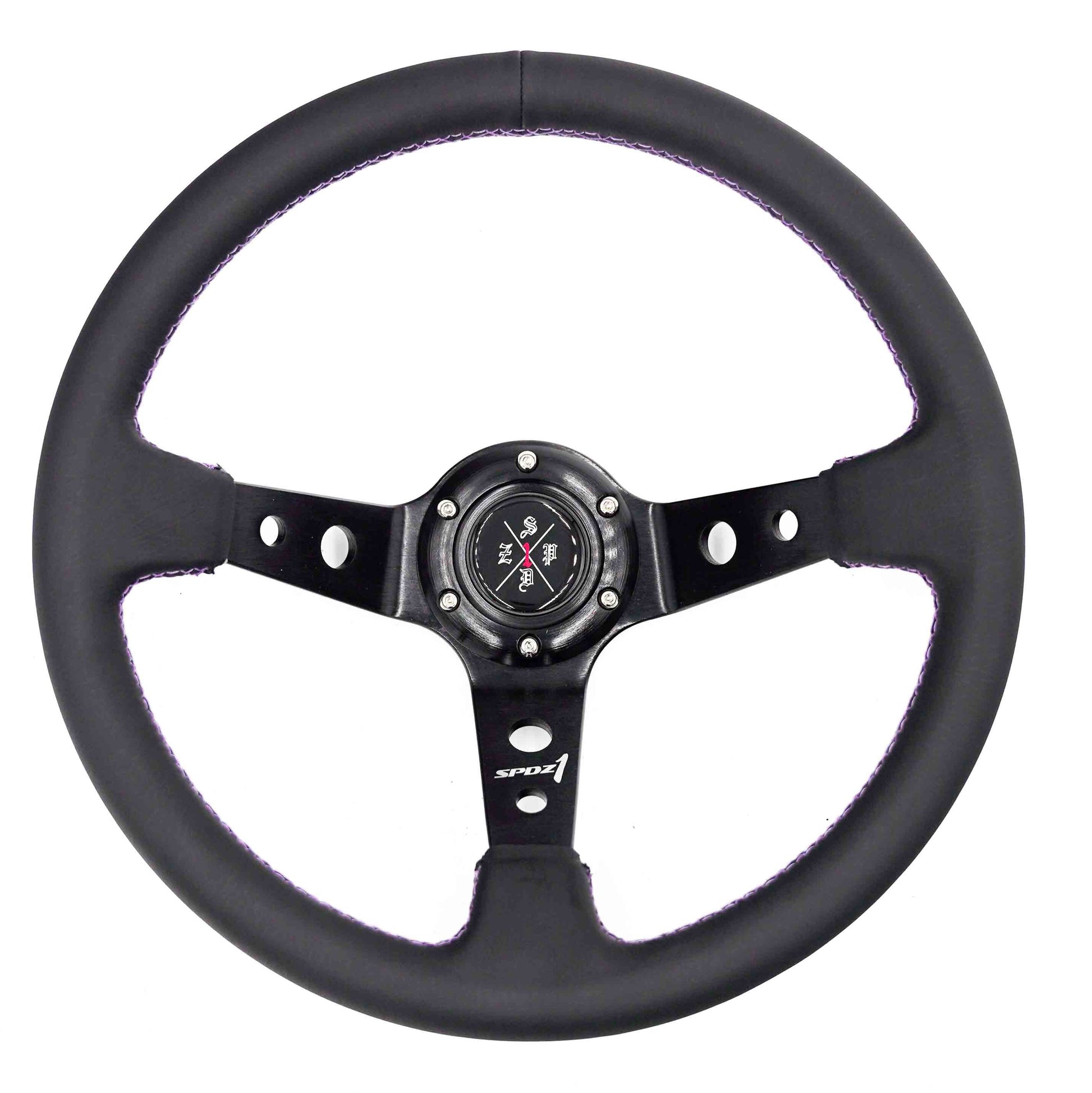 Purple lined steering wheel by Speedzone Performance LLC, showcasing a sleek, ergonomic design for vehicle interior enhancement.