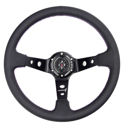 Purple lined steering wheel by Speedzone Performance LLC, showcasing a sleek, ergonomic design for vehicle interior enhancement.