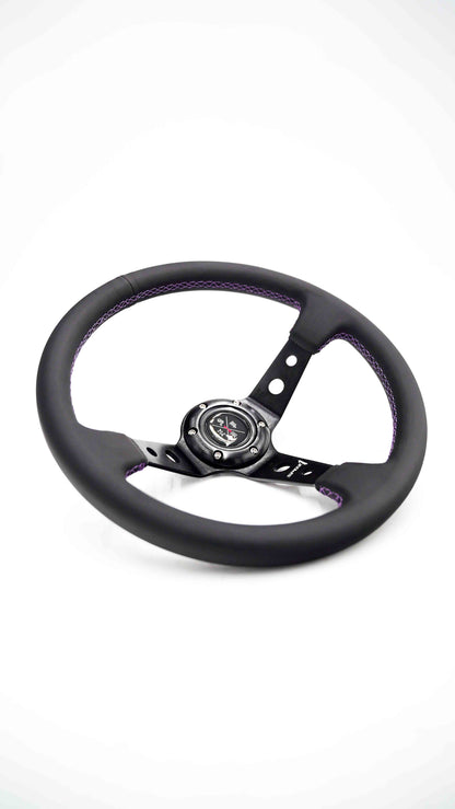 Purple lined steering wheel by Speedzone Performance LLC, featuring a sleek design and ergonomic grip for vehicle steering.
