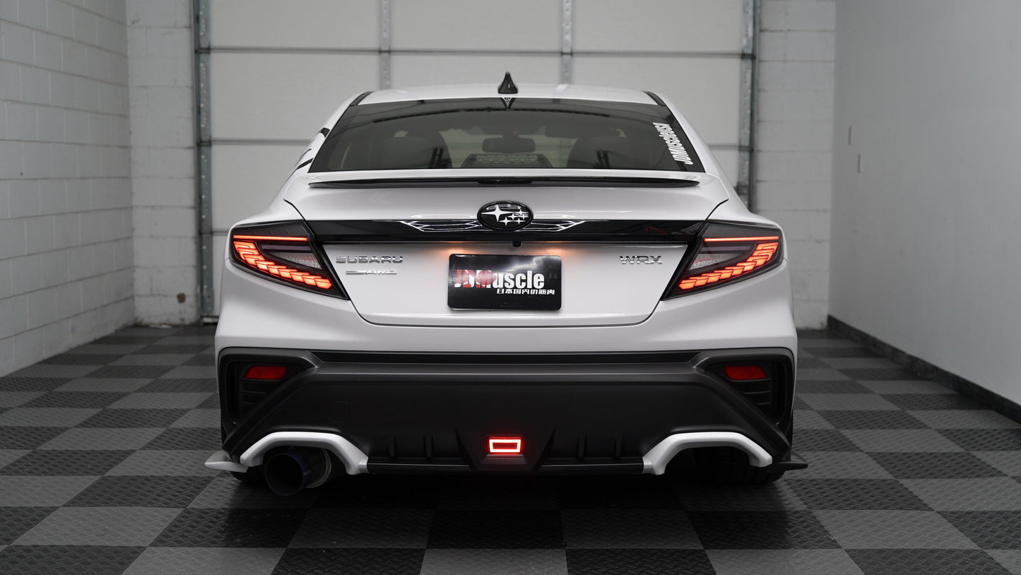 JDMuscle Version Doragon LED Tail Lights installed on a 2022-2025 Subaru WRX, showcasing bright red and clear lens design.