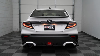 JDMuscle Version Doragon LED Tail Lights installed on a 2022-2025 Subaru WRX, showcasing bright red and clear lens design.