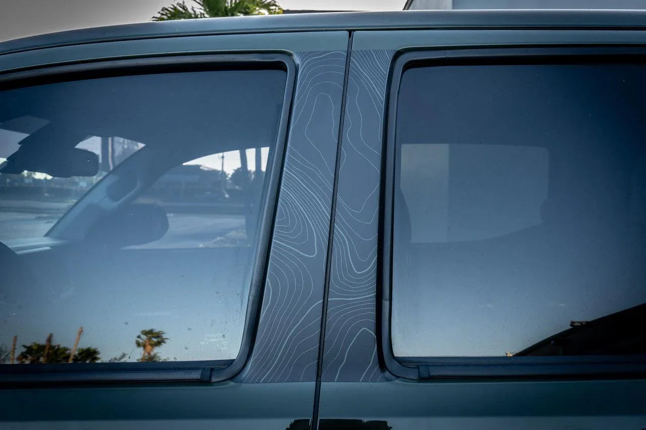 Vinyl Topo B Pillar Overlays for 2016-2023 Tacoma Double Cab, exterior car accessories by StickerFab, shown on vehicle.