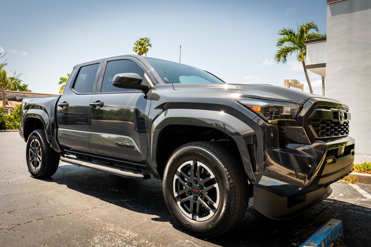 DIY Window Tint Kit for 2024+ Toyota Tacoma Double Cab, exterior vinyl sheets, shown applied to vehicle windows.
