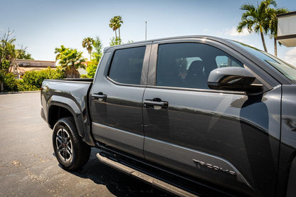DIY Window Tint Kit for 2024+ Tacoma Double Cab, exterior vinyl tint applied to vehicle windows, shown on a pickup truck.