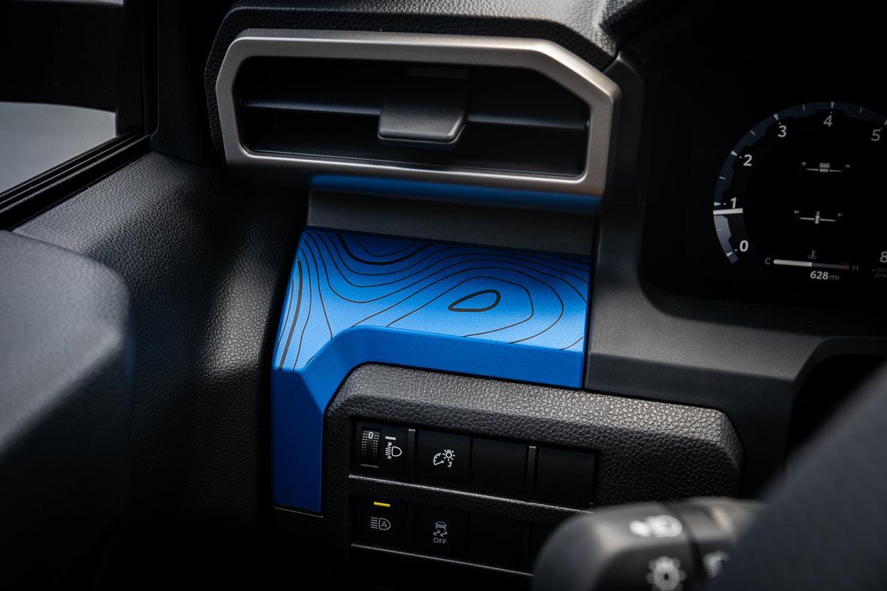 Interior vinyl 3-piece topographic map dash overlays for 2024+ Toyota Tacoma by StickerFab, featuring detailed terrain designs.