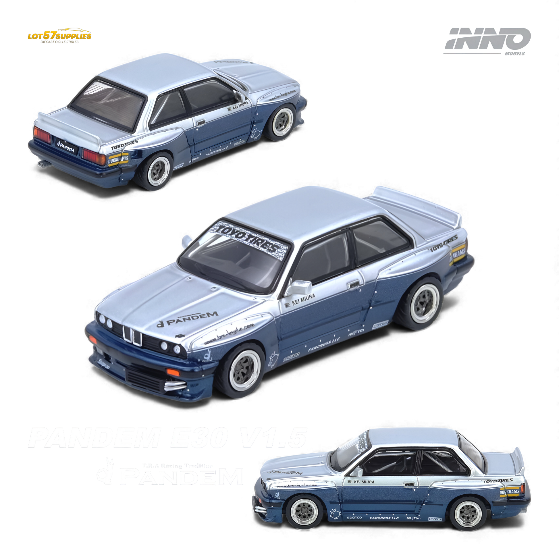 Silver and blue INNO64 Pandem E30 M3 BMW diecast model car, 1:64 scale, detailed miniature from Lot57Supplies Diecast Shop