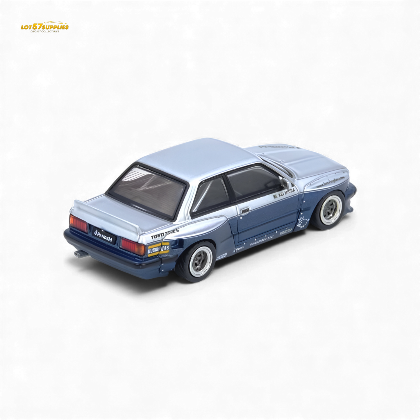 Silver and blue INNO64 Pandem E30 M3 BMW diecast model car, detailed 1:64 scale collectible from Lot57Supplies Diecast Shop