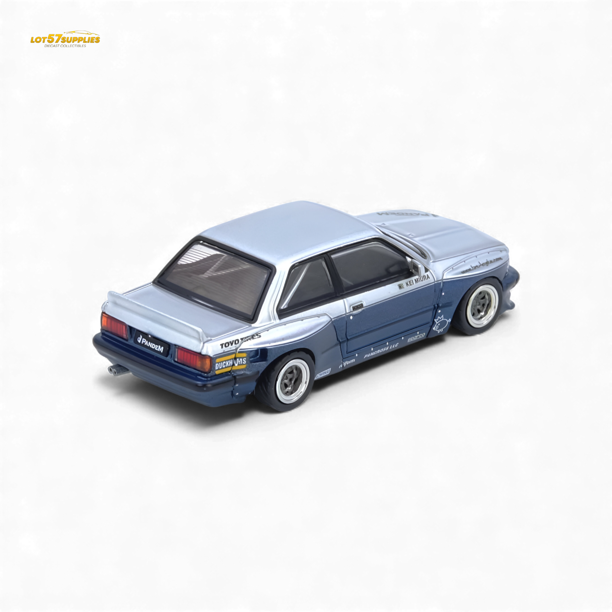 Silver and blue INNO64 Pandem E30 M3 BMW diecast model car, detailed 1:64 scale collectible from Lot57Supplies Diecast Shop