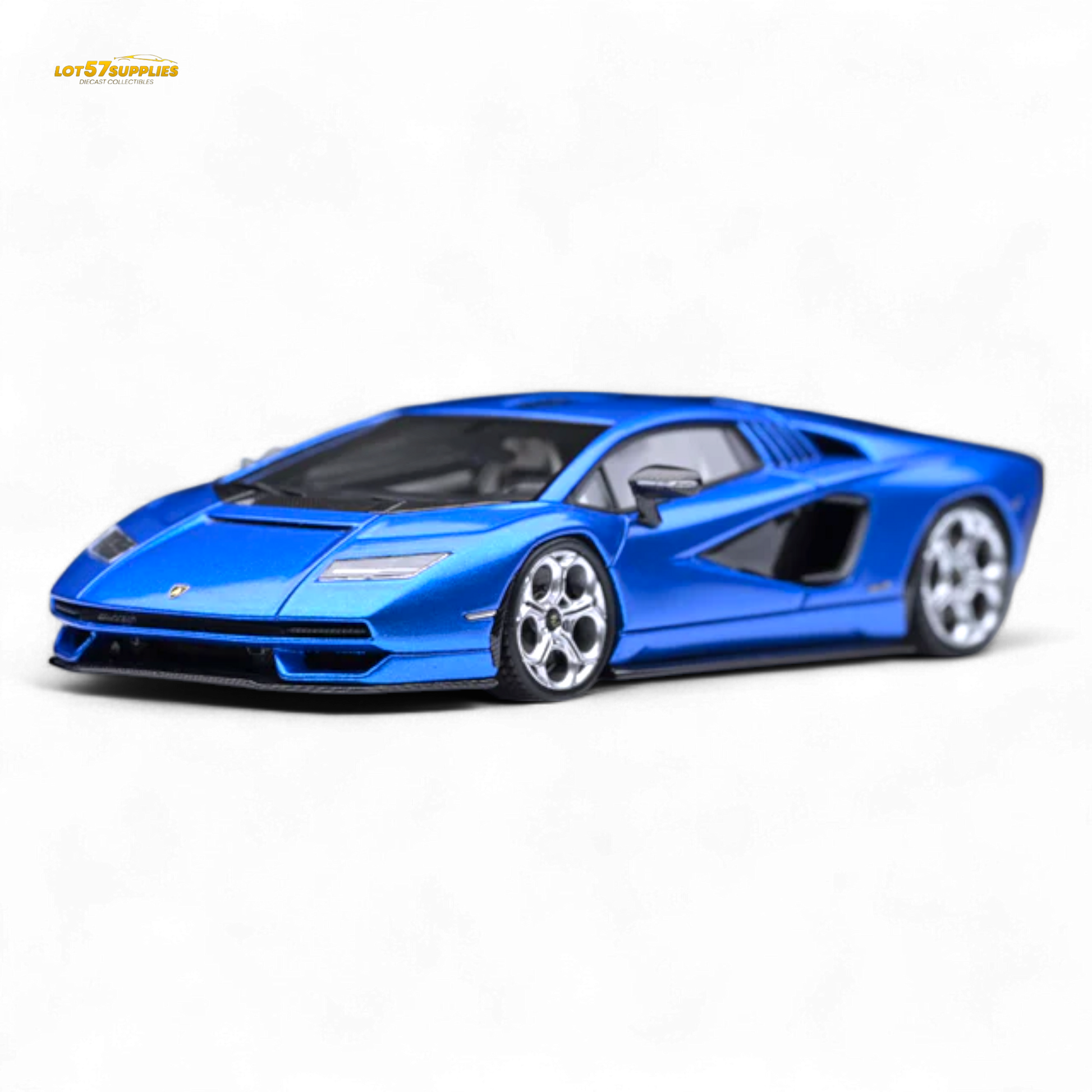 Dark blue Lamborghini Countach LPI 800-4 diecast model by Lot57Supplies, detailed 1:64 scale collectible car, front view.