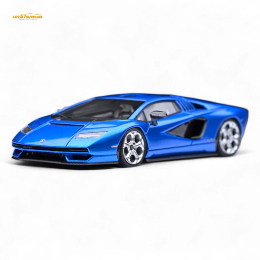 Dark blue Lamborghini Countach LPI 800-4 diecast model by Lot57Supplies, detailed 1:64 scale collectible car, front view.