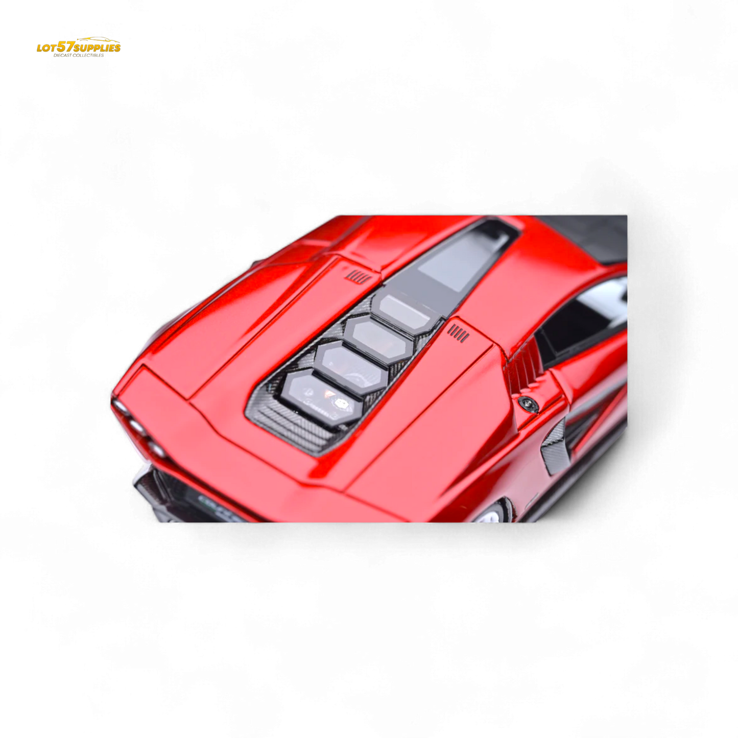 Lamborghini Fuelme Model Countach LPI 800-4 in Rosso Scintilla, 1:64 diecast car on display with detailed exterior features.