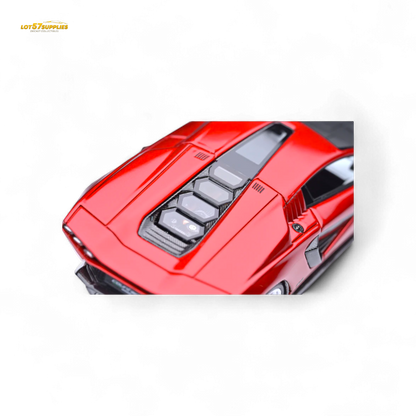 Lamborghini Fuelme Model Countach LPI 800-4 in Rosso Scintilla, 1:64 diecast car on display with detailed exterior features.