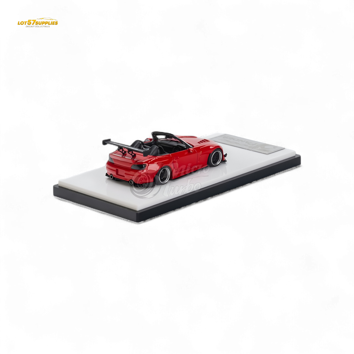 Red Honda S2000 Microturbo diecast model by Pandem Rocket Bunny, 1:64 scale, featuring detailed exterior and vibrant color.