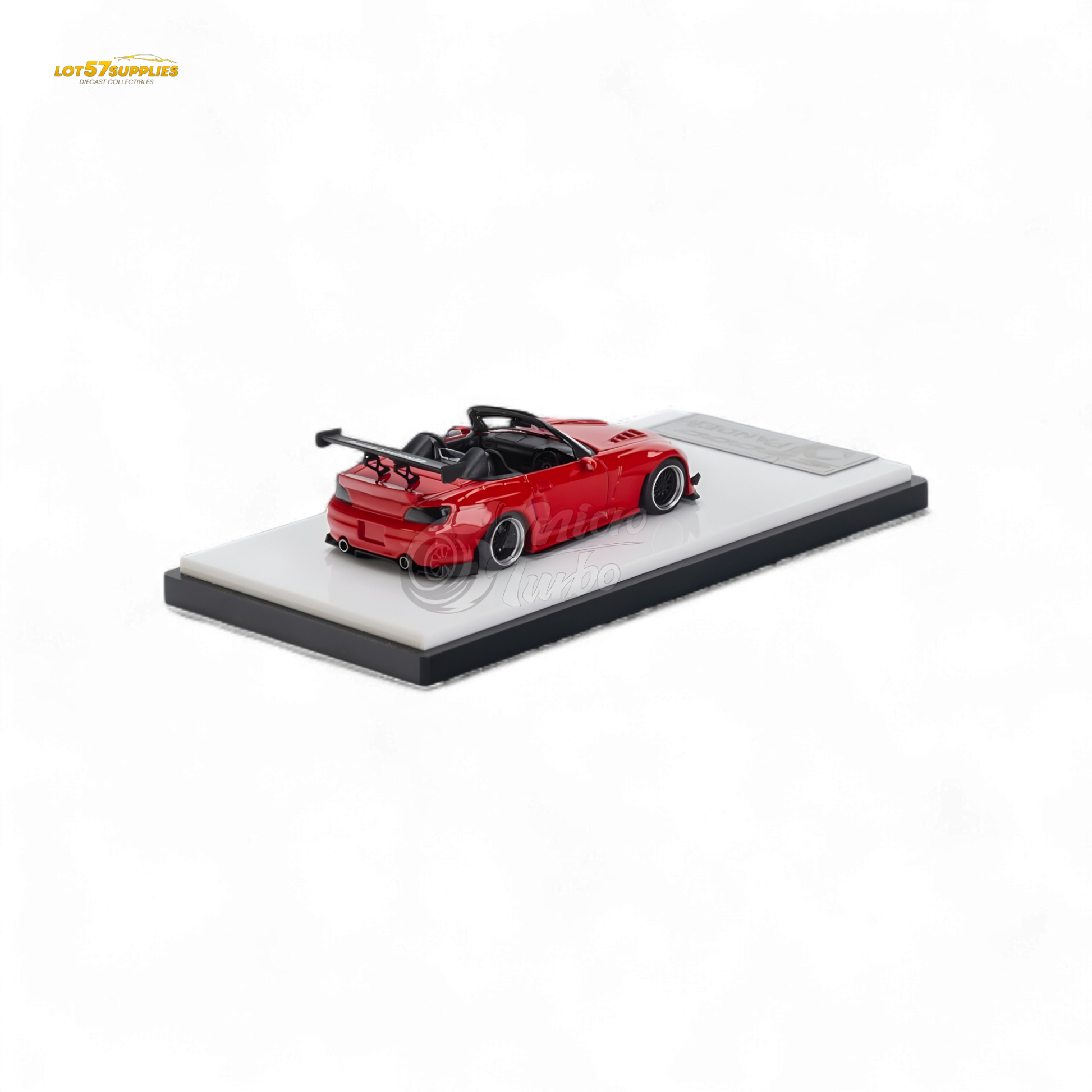 Red Honda S2000 Microturbo diecast model by Pandem Rocket Bunny, 1:64 scale, featuring detailed exterior and vibrant color.