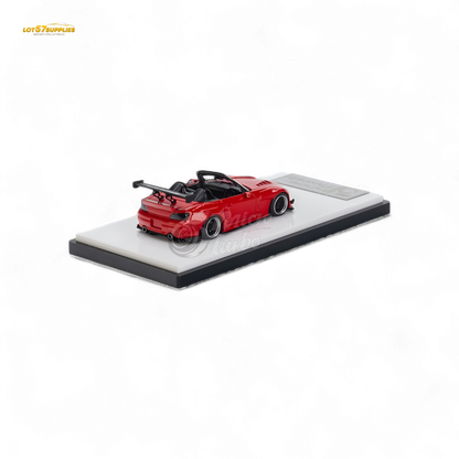 Red Honda S2000 Microturbo diecast model by Pandem Rocket Bunny, 1:64 scale, featuring detailed exterior and vibrant color.