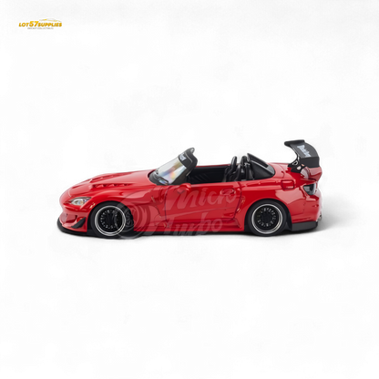 Red Honda S2000 Microturbo diecast model by Pandem Rocket Bunny, 1:64 scale, detailed miniature car.