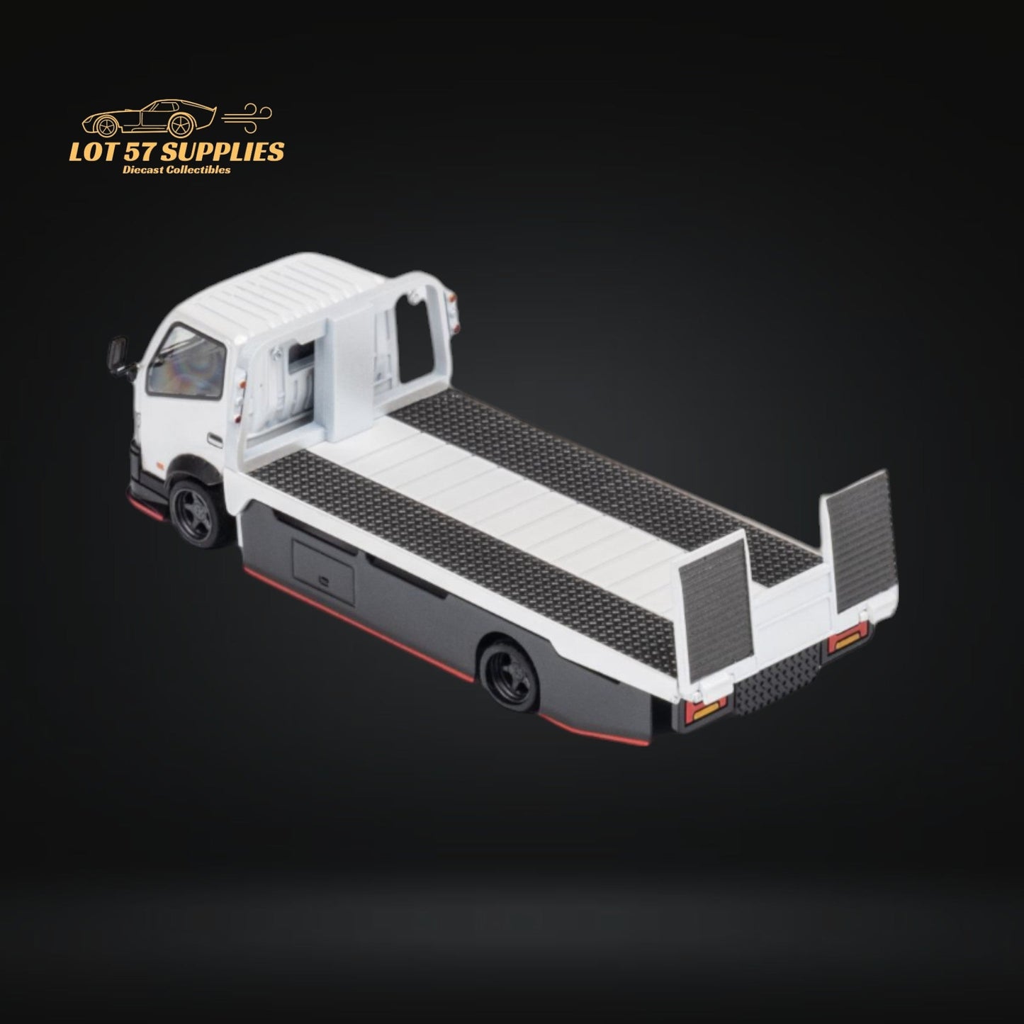 White Hino 300 MicroTurbo custom flatbed truck diecast model in 1:64 scale, detailed miniature by Lot57Supplies Diecast Shop.