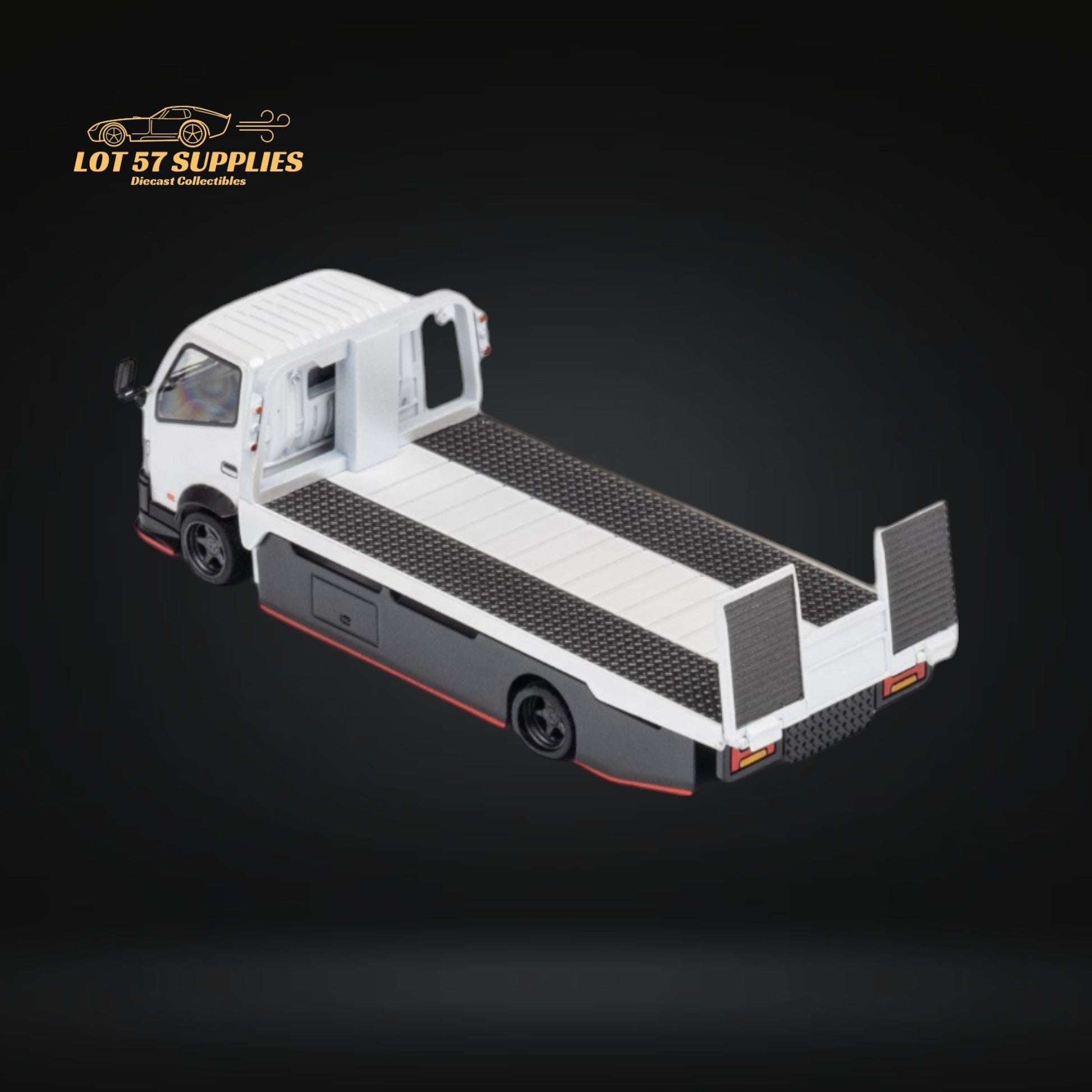 White Hino 300 MicroTurbo custom flatbed truck diecast model in 1:64 scale, detailed miniature by Lot57Supplies Diecast Shop.