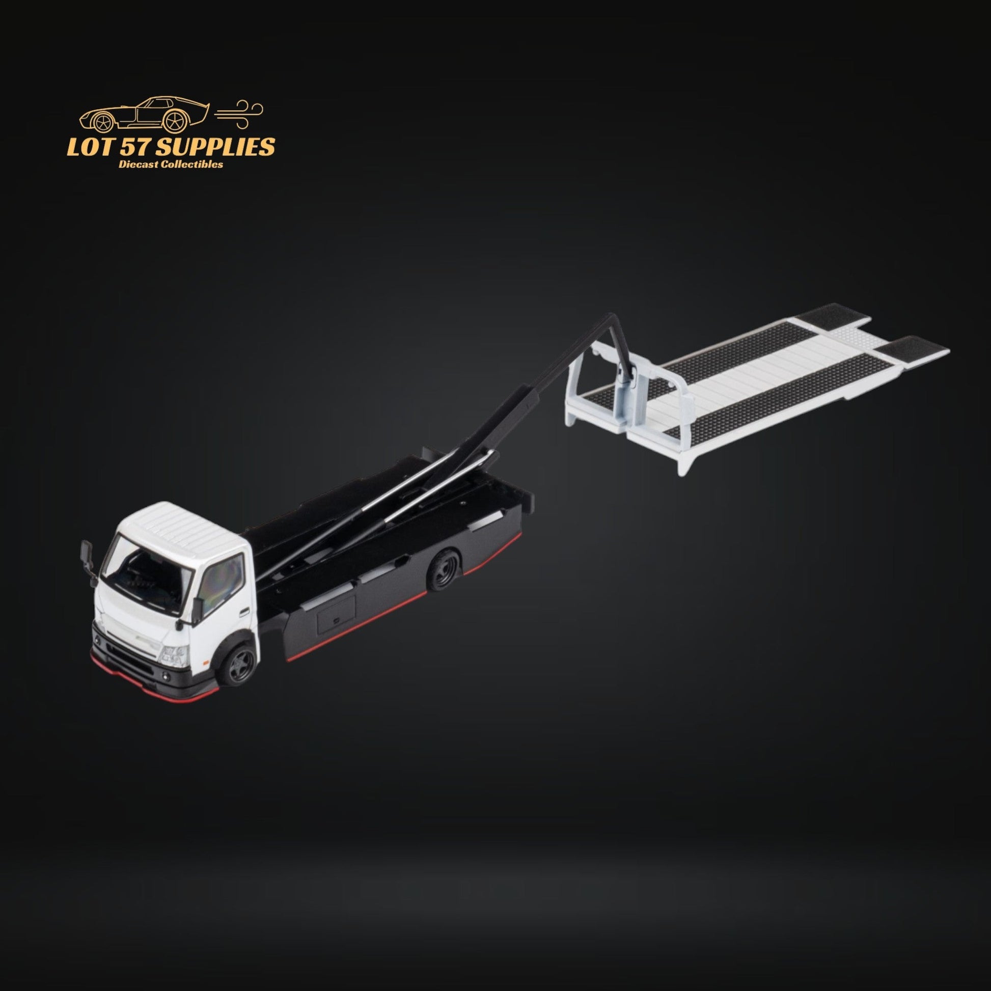 White Hino 300 MicroTurbo flatbed truck diecast model in 1:64 scale, detailed miniature vehicle for collectors.