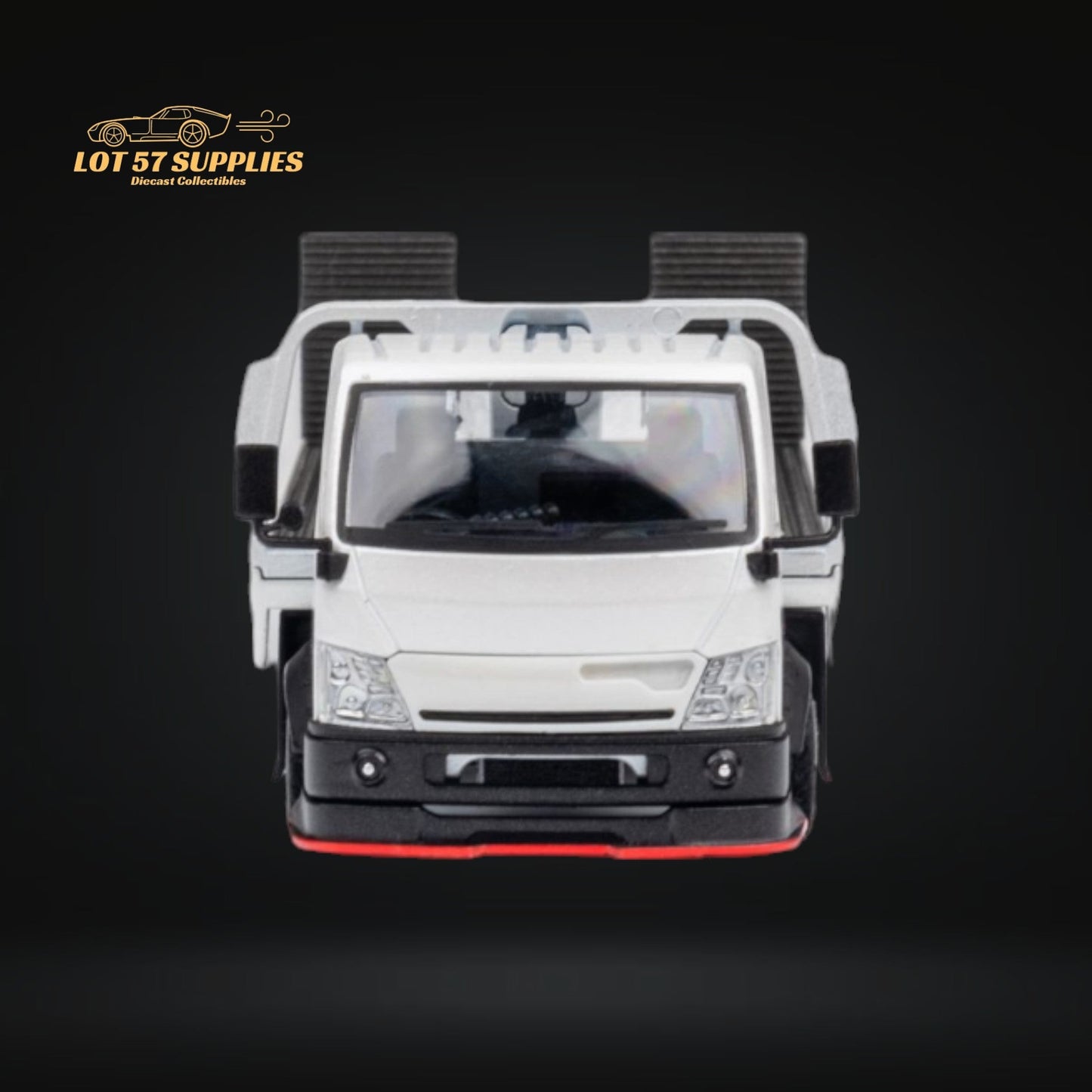 White Hino 300 MicroTurbo diecast flatbed truck in 1:64 scale, detailed model with realistic features from Lot57Supplies.