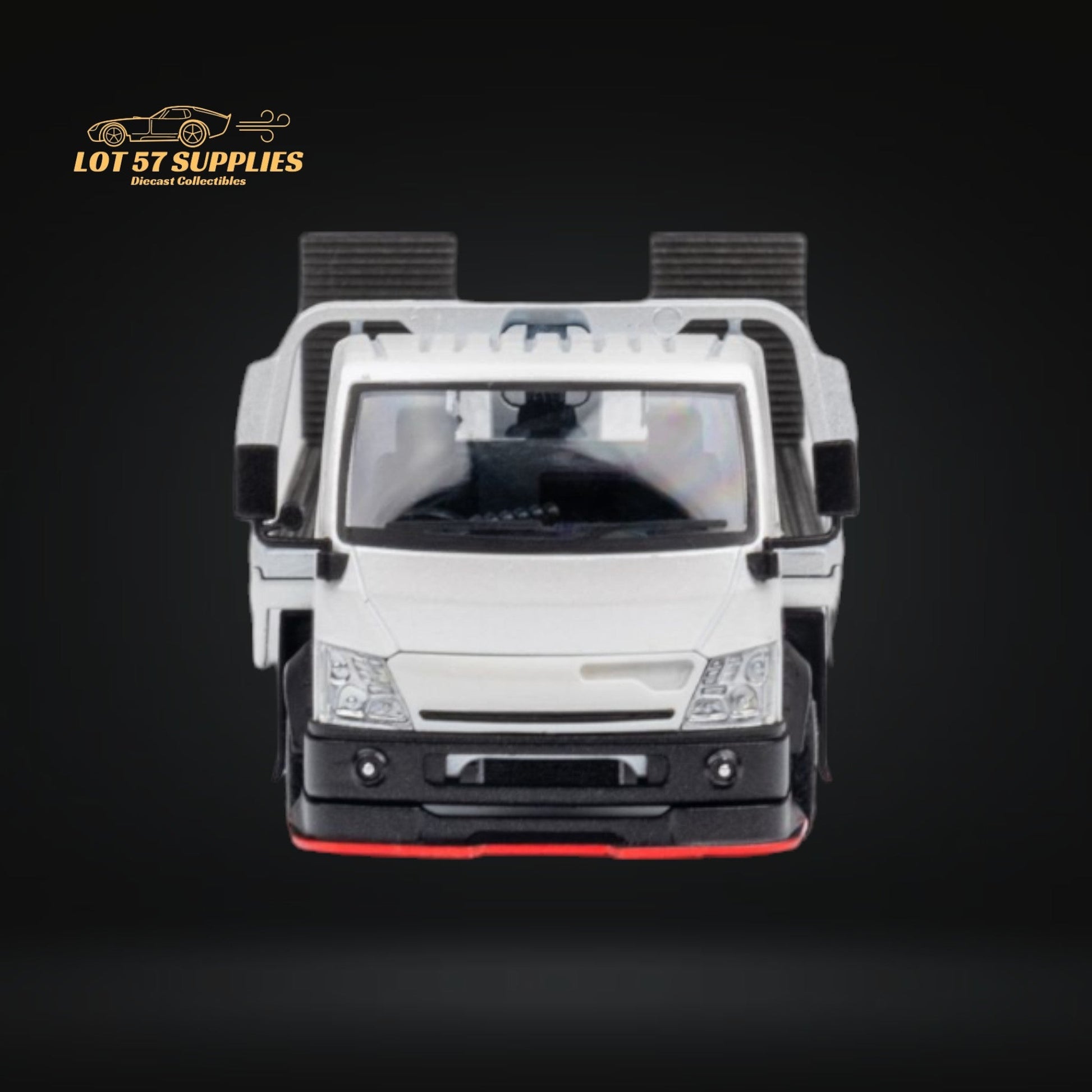 White Hino 300 MicroTurbo diecast flatbed truck in 1:64 scale, detailed model with realistic features from Lot57Supplies.