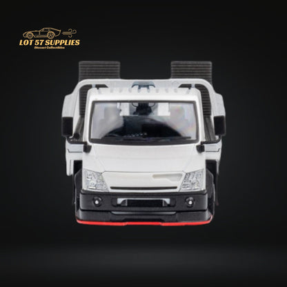 White Hino 300 MicroTurbo diecast flatbed truck in 1:64 scale, detailed model with realistic features from Lot57Supplies.