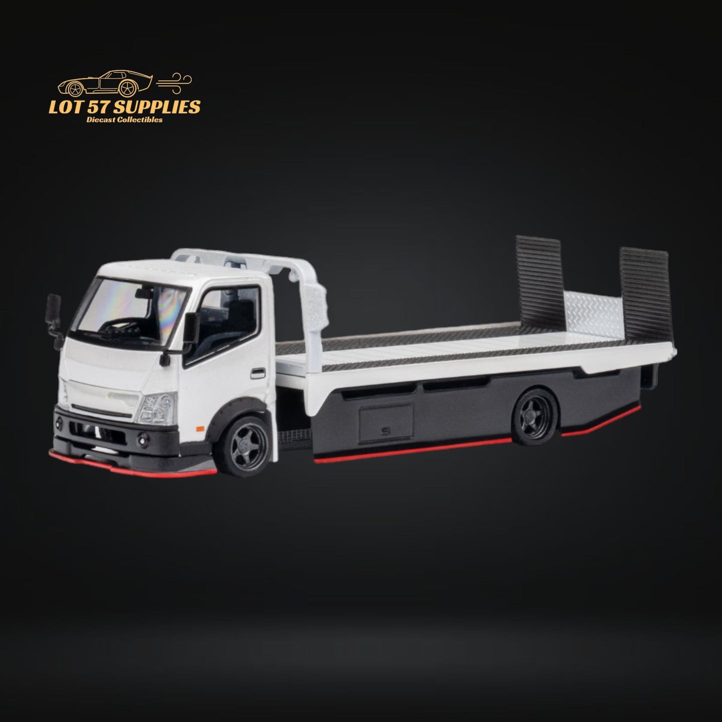 White Hino 300 MicroTurbo flatbed truck diecast model in 1:64 scale with detailed features, perfect for collectors.