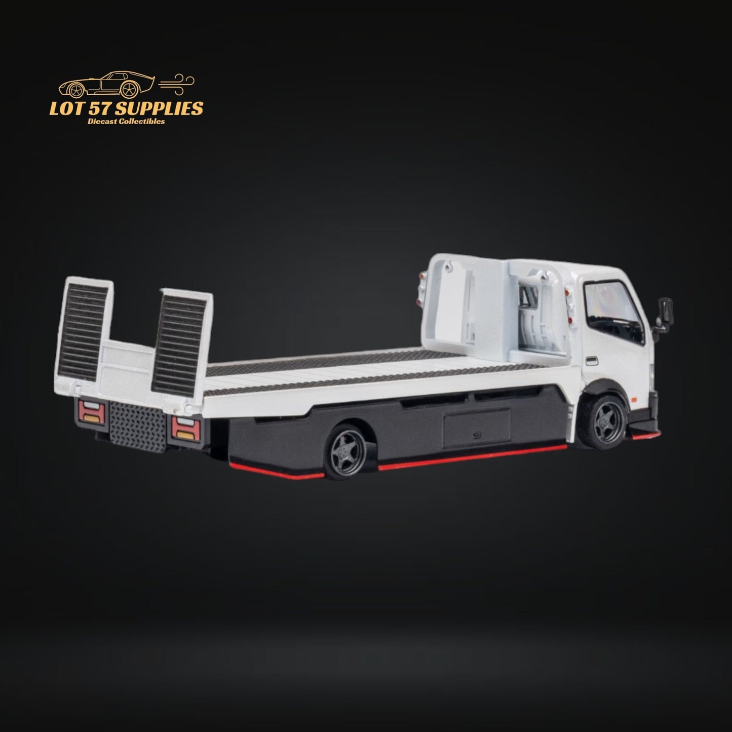 White Hino 300 MicroTurbo diecast flatbed truck in 1:64 scale, detailed model from Lot57Supplies Diecast Shop.