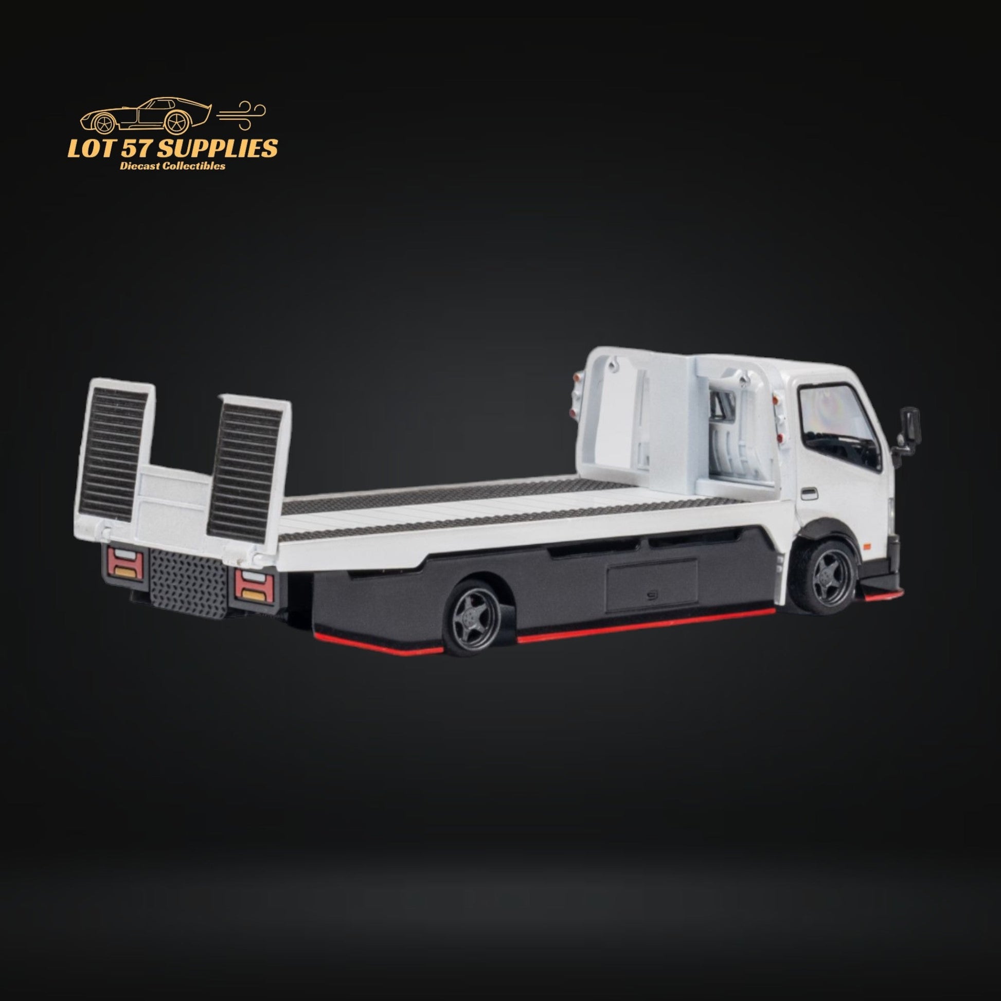 White Hino 300 MicroTurbo diecast flatbed truck in 1:64 scale, detailed model from Lot57Supplies Diecast Shop.