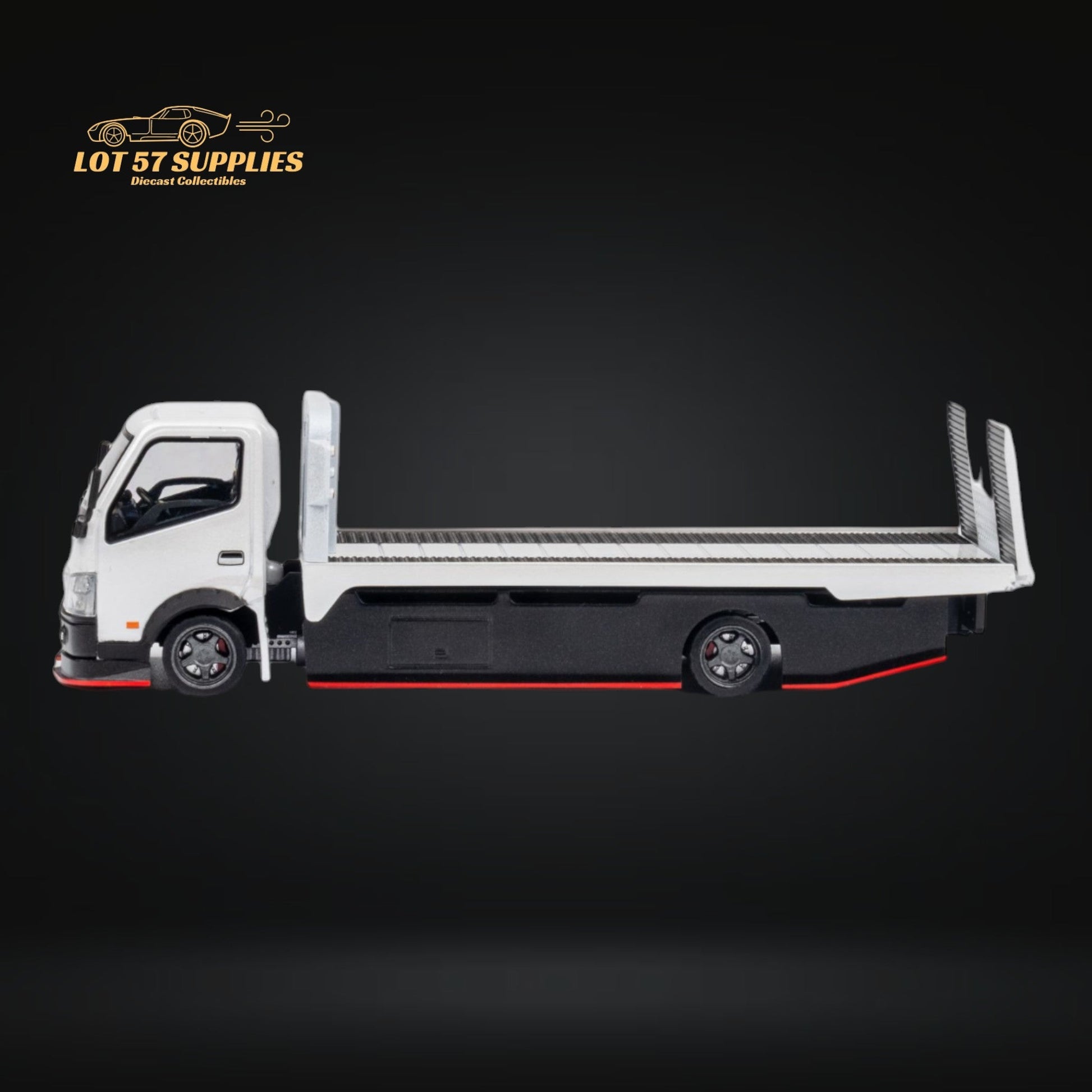 White MicroTurbo Hino 300 diecast flatbed truck model in 1:64 scale, detailed miniature vehicle for collectors.