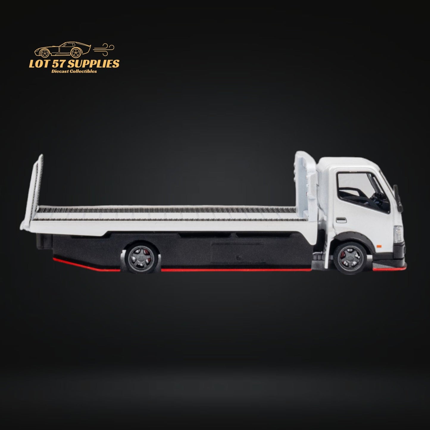 White Hino 300 MicroTurbo diecast flatbed truck, detailed model in 1:64 scale from Lot57Supplies Diecast Shop.