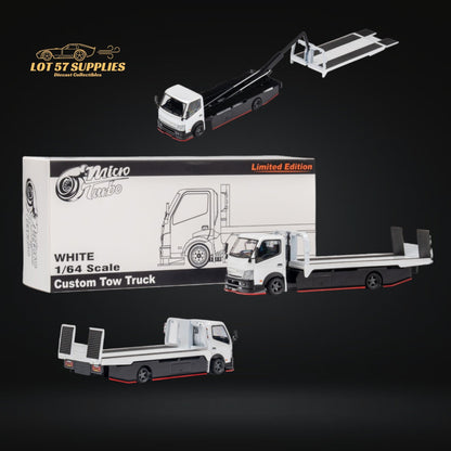 White Hino 300 MicroTurbo diecast flatbed truck in 1:64 scale, detailed model from Lot57Supplies Diecast Shop.