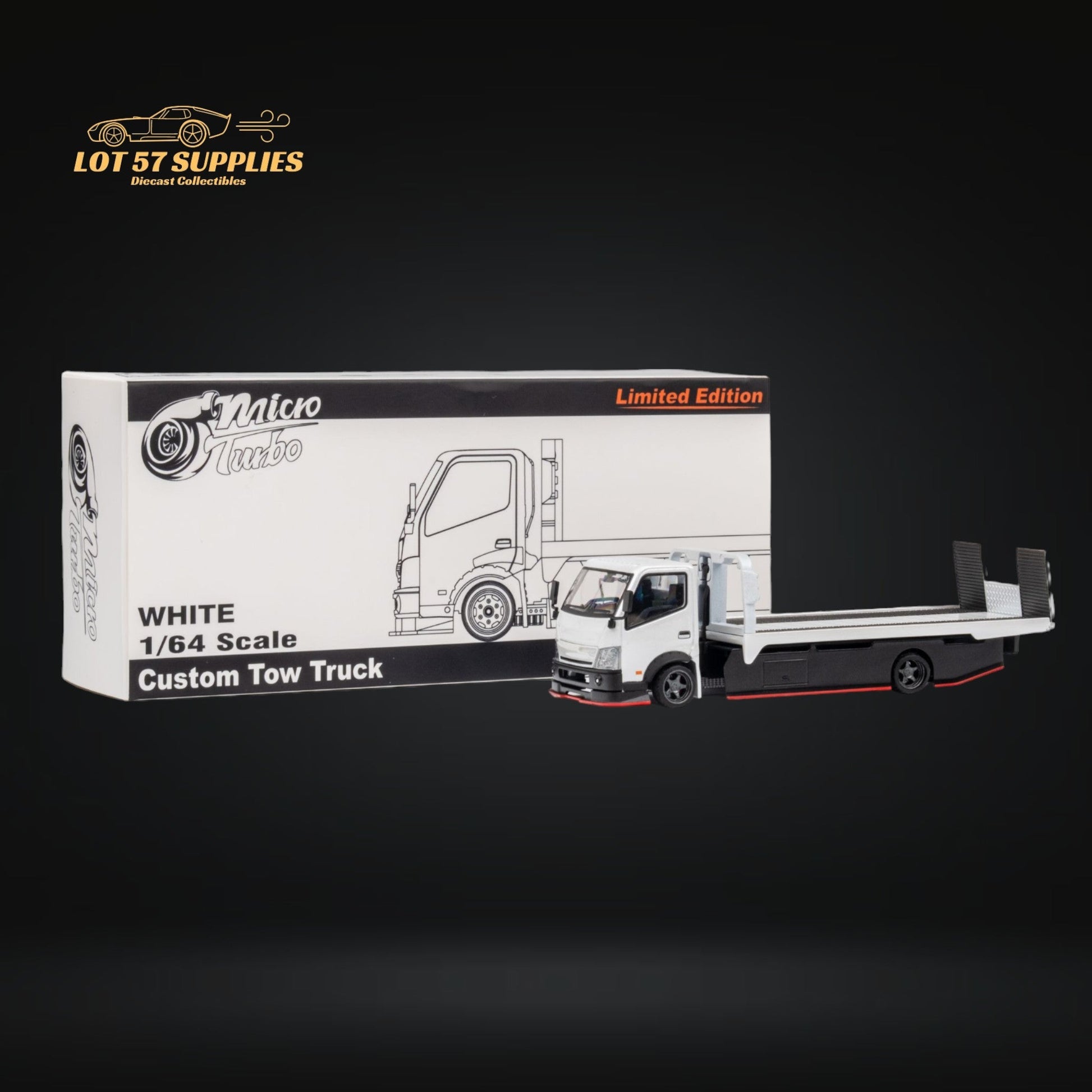 White Hino 300 MicroTurbo flatbed truck diecast model in 1:64 scale by Lot57Supplies Diecast Shop, detailed and realistic.