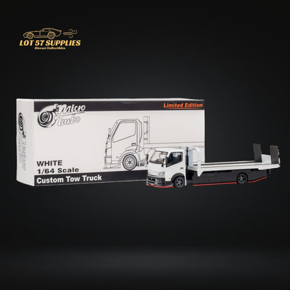 White Hino 300 MicroTurbo flatbed truck diecast model in 1:64 scale by Lot57Supplies Diecast Shop, detailed and realistic.