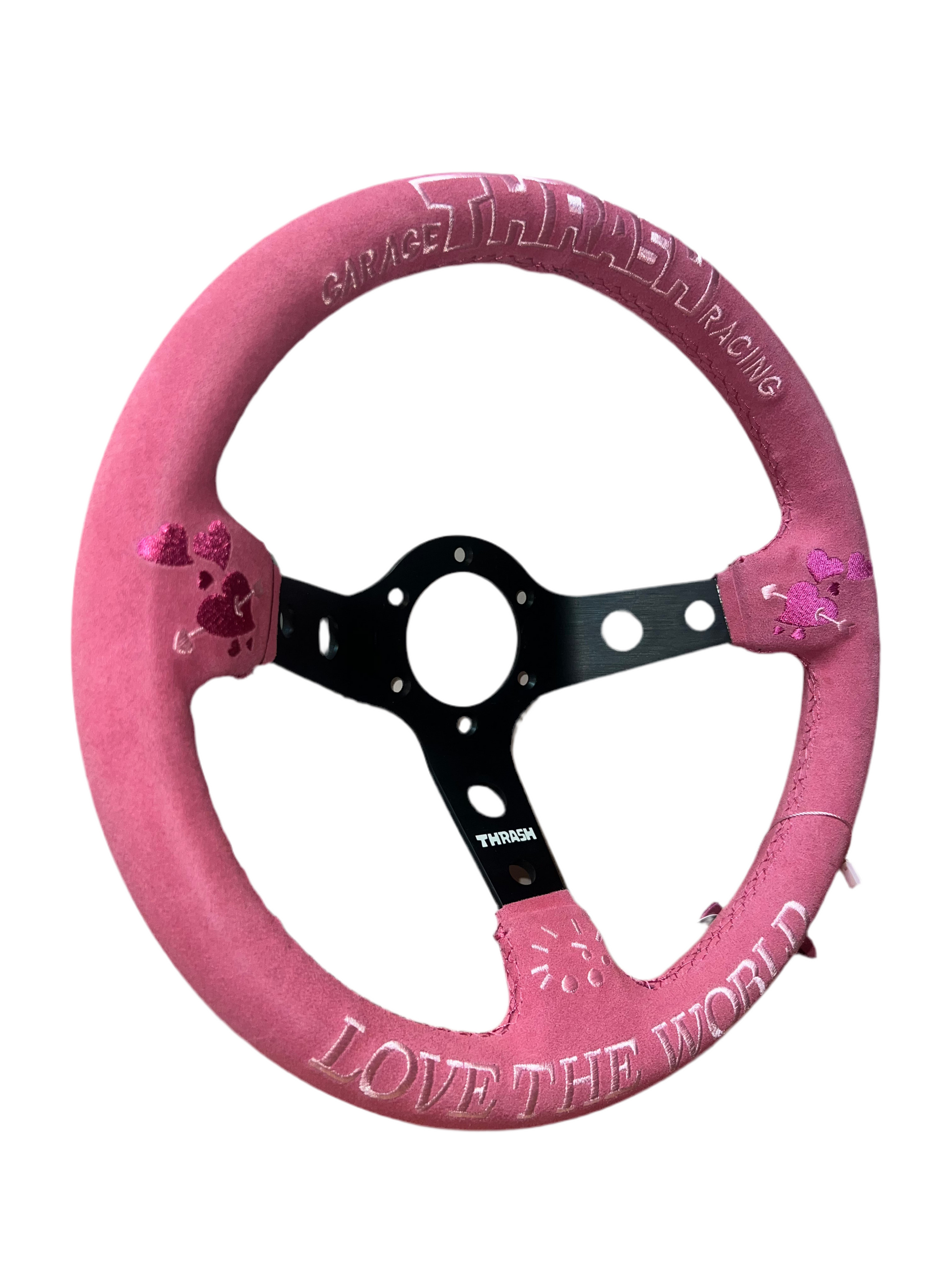 Speedzone Performance LLC Thrash Racing steering wheel with "Love the World" design, featuring a black grip and colorful decal accents.