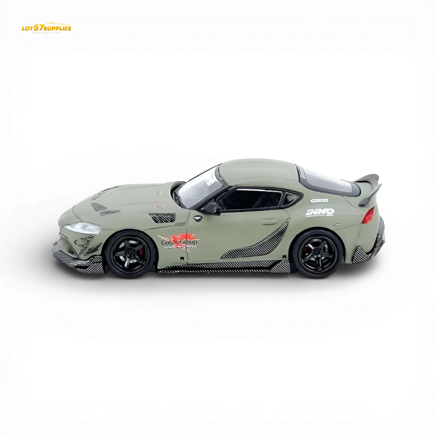 Pre-order INNO64 Toyota Supra A90 Darwin Pro diecast model in matte green, 1:64 scale, showcasing detailed exterior and design.