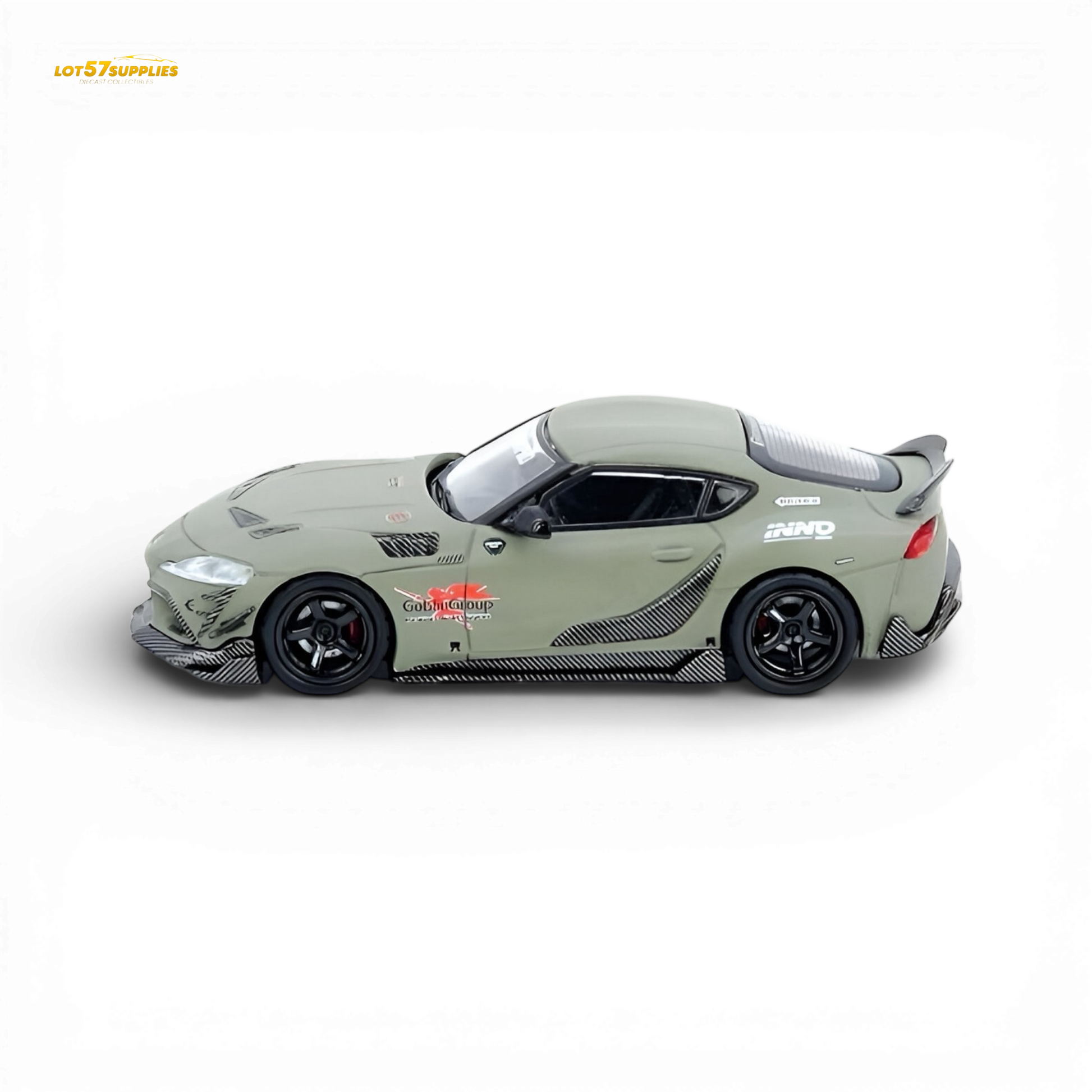 Pre-order INNO64 Toyota Supra A90 Darwin Pro diecast model in matte green, 1:64 scale, showcasing detailed exterior and design.