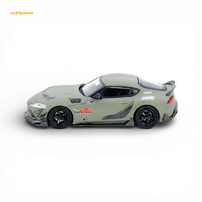 Pre-order INNO64 Toyota Supra A90 Darwin Pro diecast model in matte green, 1:64 scale, showcasing detailed exterior and design.