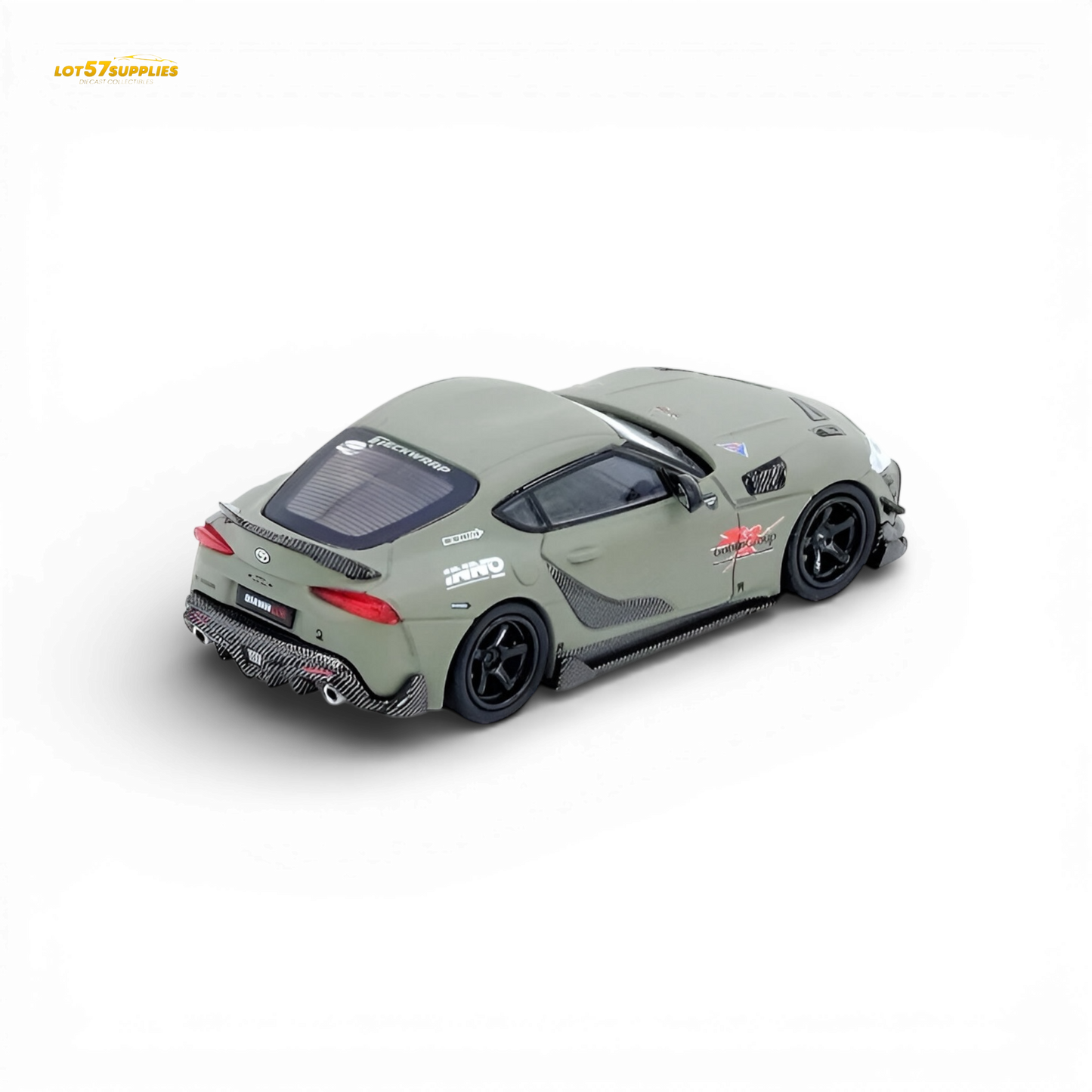 Pre-order INNO64 Toyota Supra A90 Darwin Pro diecast model in matte green, 1:64 scale, showcasing detailed exterior features.